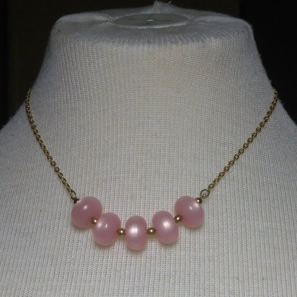 Gold Tone Chain with Pink Beads Necklace - Picture 2 of 7